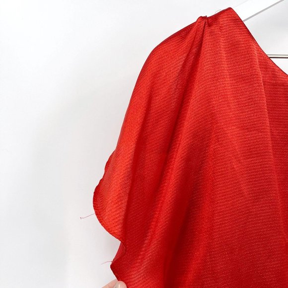 SOLD Calvin Klein Red Satin Roman Shoulder Party Dress - Picture 4 of 10